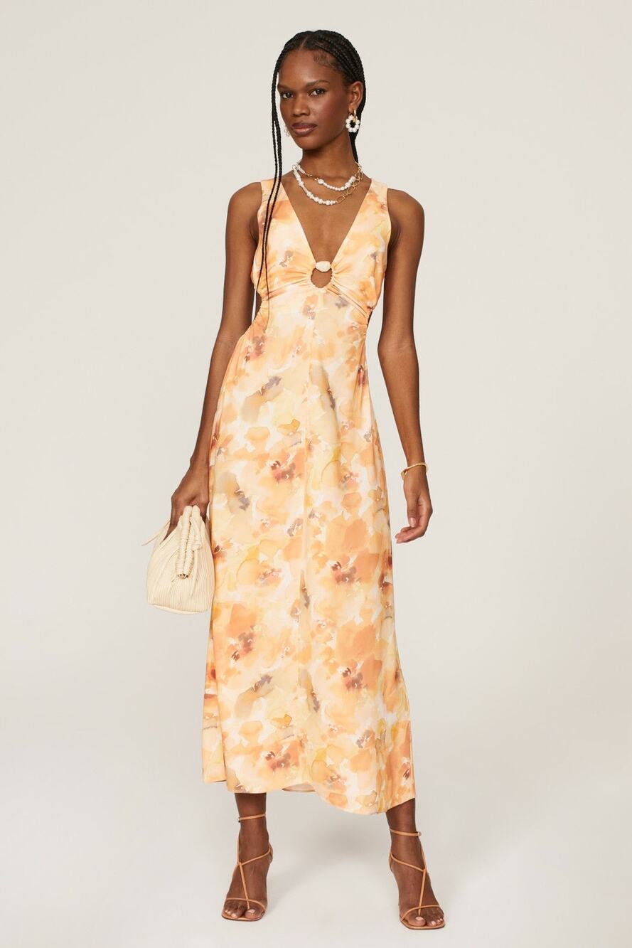 Significant Other Libby Cream Floral Plunge Neck Sleeveless Slip Maxi Dress Sz 8